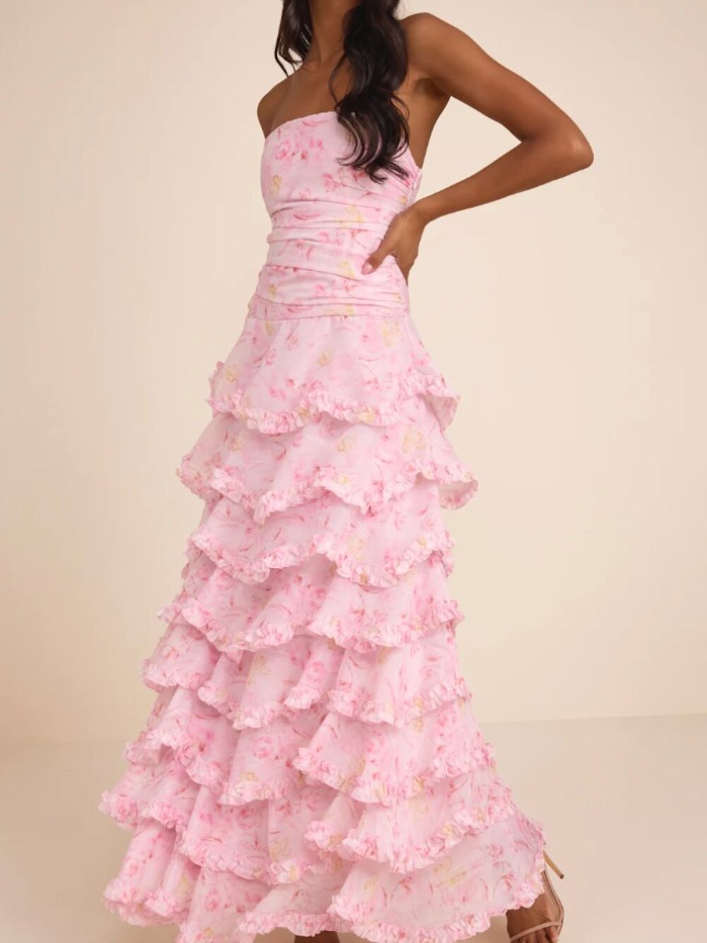 Lulus Pink Floral Strapless Ruffle Maxi Dress NWT - Medium